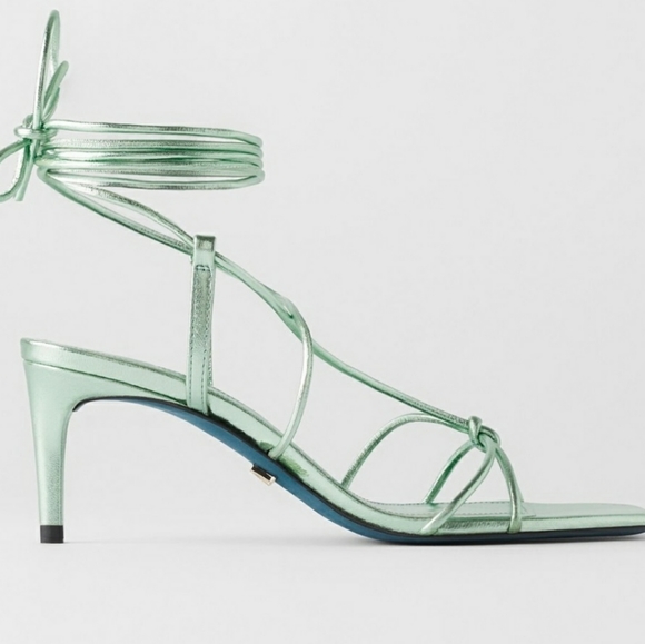 ZARA BLUE COLLECTION GREEN METALLIC LEATHER HEELS - Picture 6 of 12